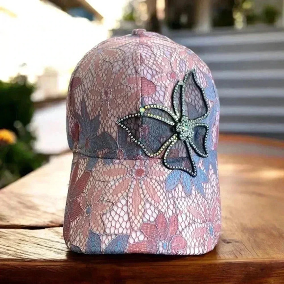 Boutique Handcrafted Feminine Floral Lace Embroidered Butterfly Baseball Cap Hat - Picture 1 of 9